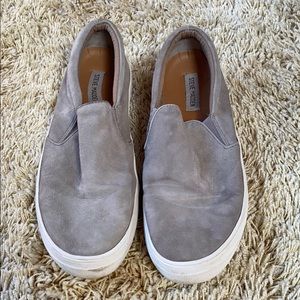 Grey suede Steve Madden slip ons